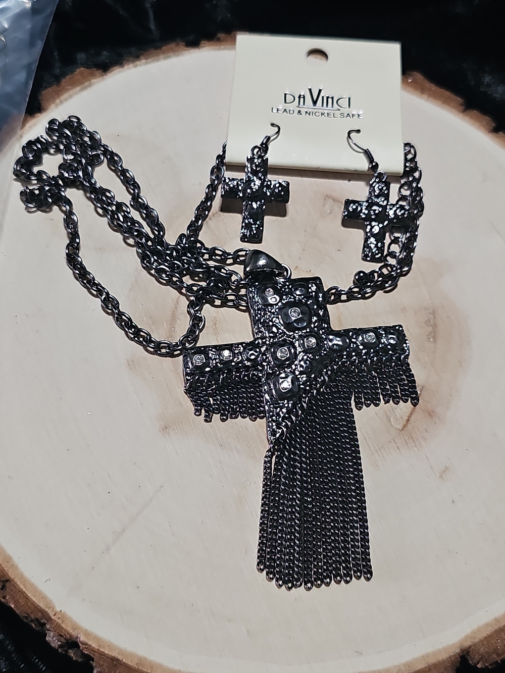 Black Cross Pendant Necklace and Earrings Set 36 inches with extender